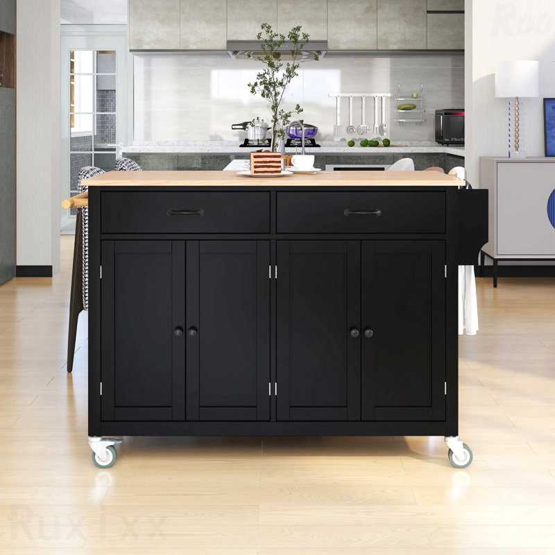 Chariot pour îlot de cuisine avec plateau en bois massif et roues verrouillables, largeur de 54,3 pouces, armoire à 4 portes et deux tiroirs, support à épices, porte-serviettes (noir)
