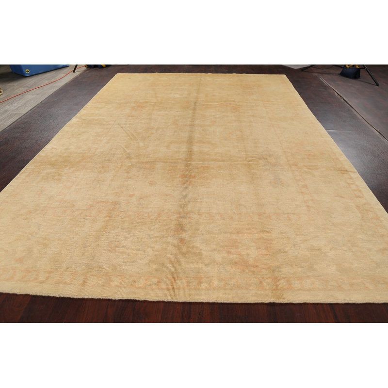 Tapis beige en laine noué à la main de conception unique 8 pi 6 po x 12 pi 3 po