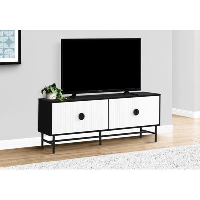 Meuble télé contemporain 60 po, rangement pour salon et chambre à coucher, stratifié noir et blanc, structure en métal stable pour centre de divertissement