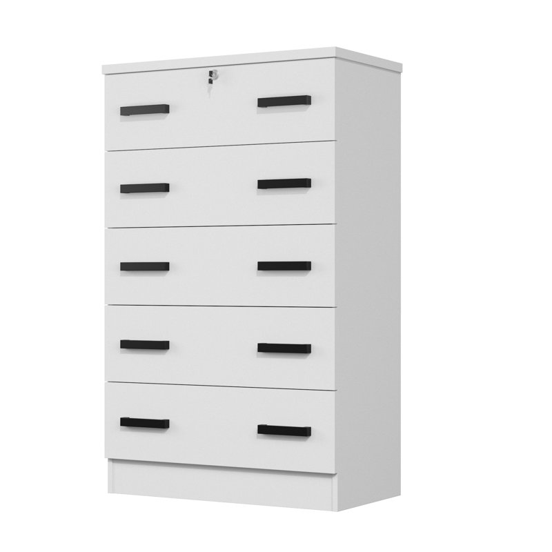 Commode 5 tiroirs en bois avec serrure Basurto, Blanc