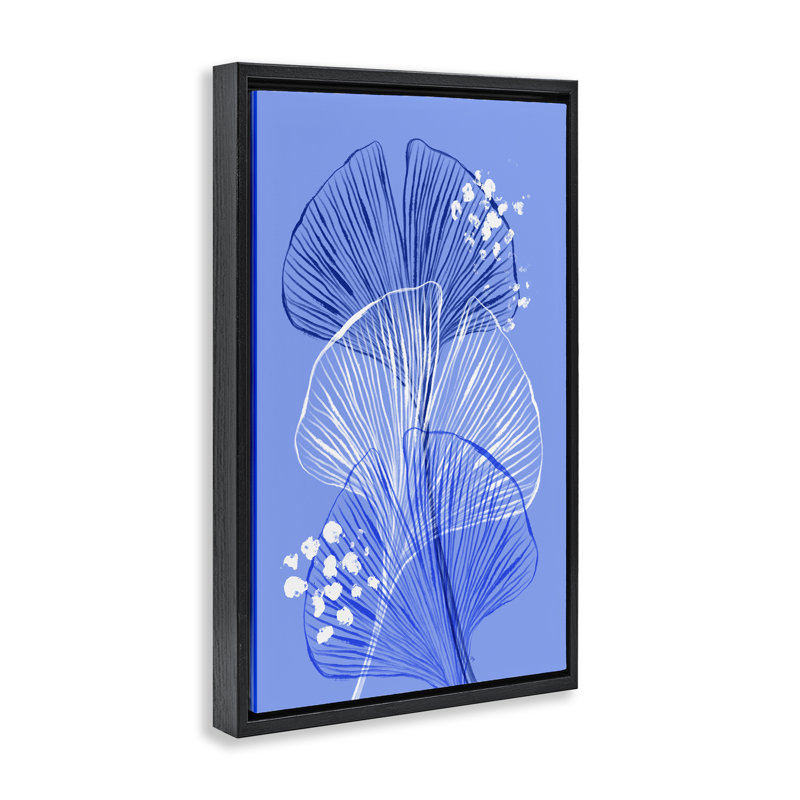 Cadre flottant en couches de gingkos bleus, design par Martina Pavlova, Cadre flottant noir de jais, H 25 po x l 17 po