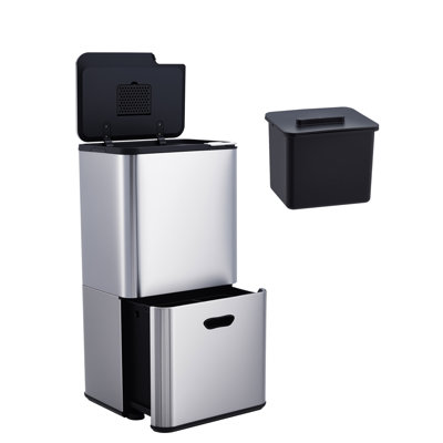 16 Gal 60L Dual Compartment Kitchen Trash Can, Stainless Steel Recycle & Compost Bin Combo with Odor Control Filter, Pull-Out Wheel Base and Removable Inner Bucket for Home Office
