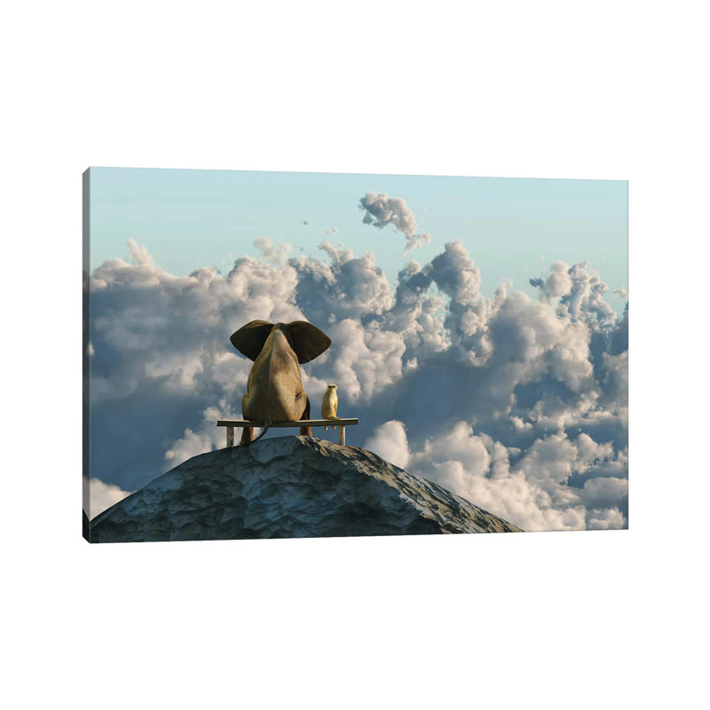 Elephant And Dog Sit On A Mountain Top by Mike Kiev - Wrapped Canvas Print, 101.6 cm H x 66.04 cm W x 1.91 cm D