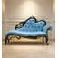 Chaise longue de chambre à coucher en chêne sculpté de style européen, tissu bleu et bois sculpté.