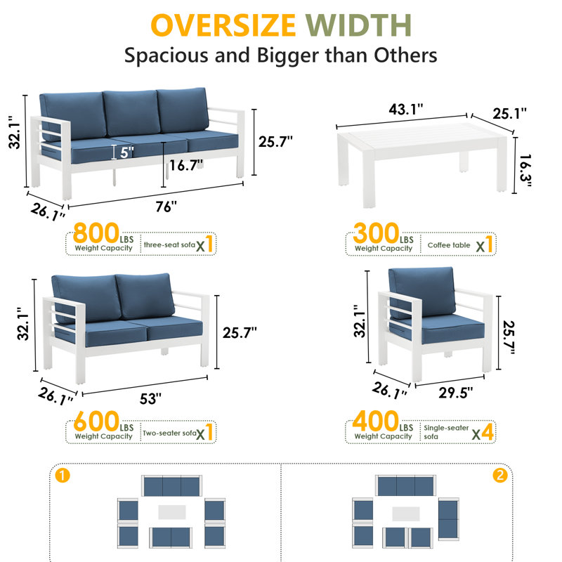 Ensemble de patio complet pour 9 personnes avec coussins, Bleu, Blanc