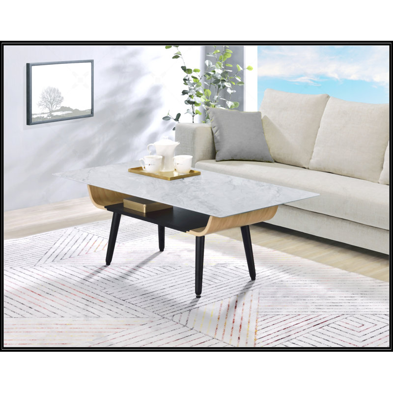 Landon Coffee Table With Glass Gray Marble Texture Top And Bent Wood Design, Gray