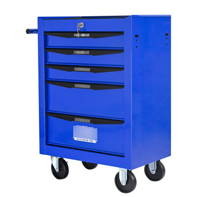 Coffre à outils en métal de 20 po à 5 tiroirs avec glissières à roulement, 4 roues pivotantes et 2 freins, coffre à clés verrouillable pour une protection complète, rangement en acier, rangement optimal universel