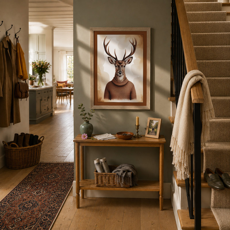 Deer in Knit Boho - Framed Print, A2 - 59.4 x 42.0 cm, Oak