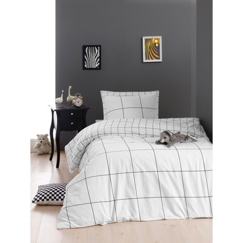 Ensemble de housse de couette 100% coton blanc / noir Galeton, Housse de couette 94 po x 87 po + 2 taies d'oreill