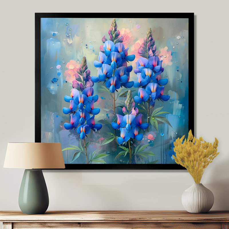 «Blue Pink Morning Dew Blue Bonnets» - décoration murale bonnets bleus, Toile encadrée noire simple
