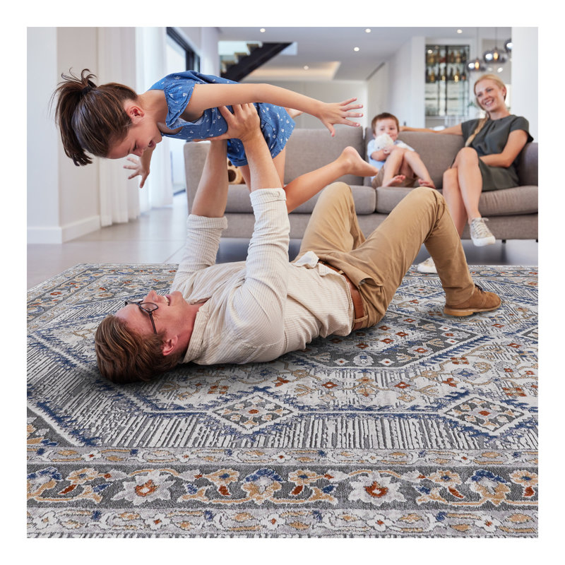 Collection Blue/Cream/Bordered Non-Shedding Living Room Bedroom Dining Home Office Stylish and Stain Resistant Area Rug