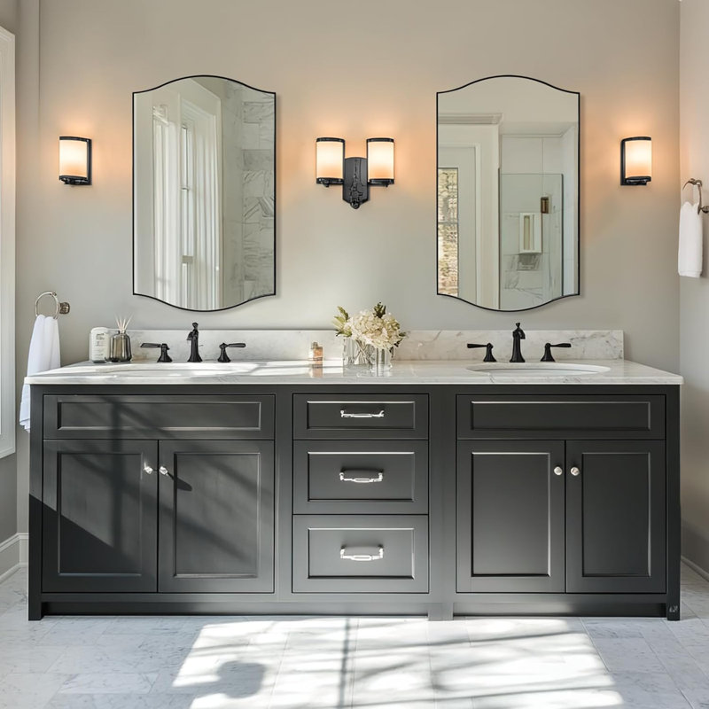 Dual Arch Scalloped Rectangular Bathroom Wall Mirror | Stainless Steel Frame, Matte Black, 40" x 24"