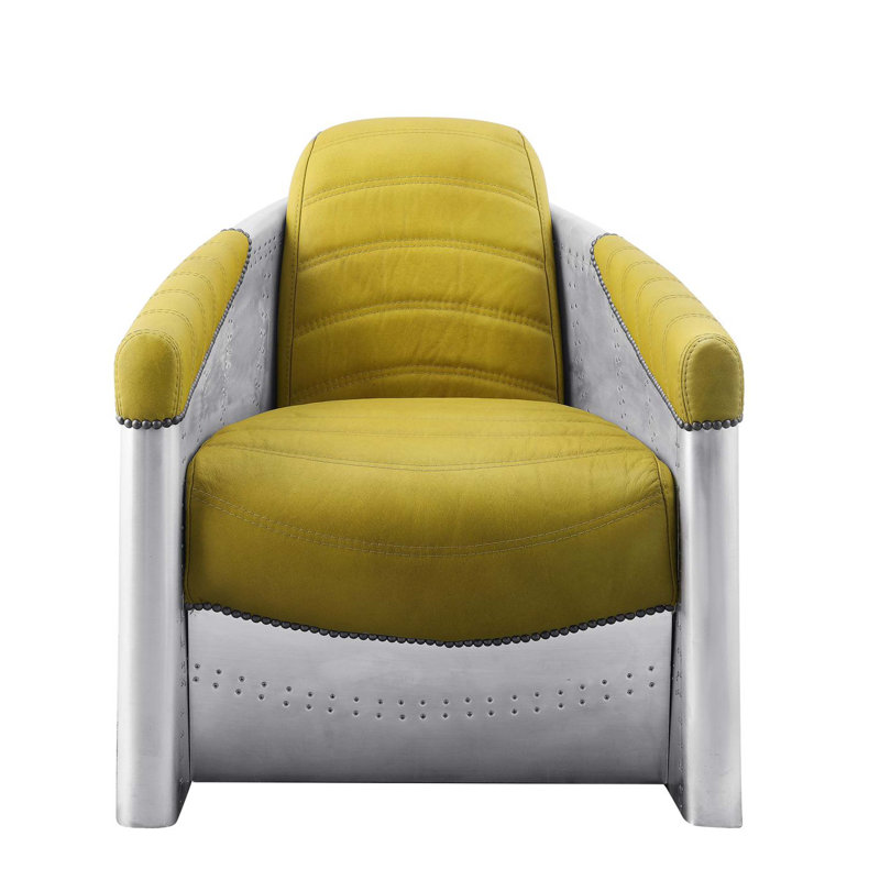 Yellow Top Grain Leather and Aluminum Barrel Accent Chair
