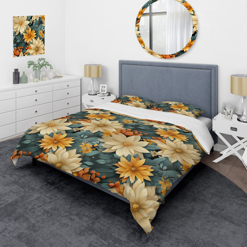 Chrysanthemums Mandala Boho Pattern IV - Floral Duvet Cover Set, Housse de couette pour très grand lit et 2 très