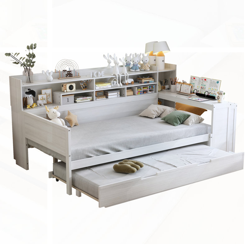 Lit de jour simple en bois avec tablettes de rangement, lit multifonctionnel avec lit gigogne simple et bureau d'étude