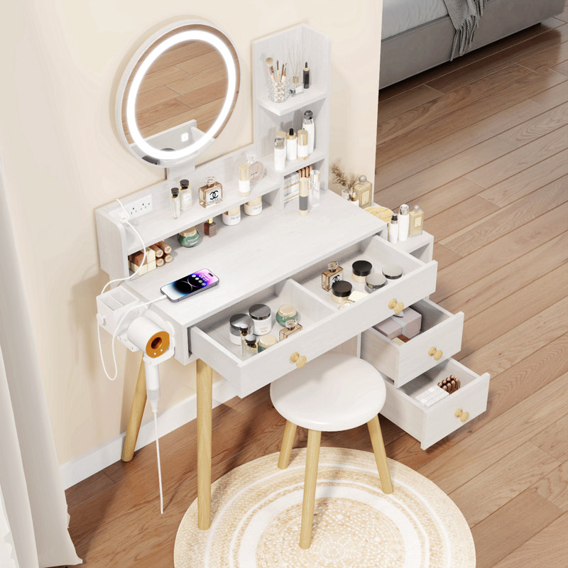 Round Mirror Bedside Vanity Table Set With Cushioned Stool, 2 AC + 2 USB Ports, 17" Touch-Control LED Mirror, 3-Color Lighting, Adjustable Brightness, Large Desktop, Multi-Layer Storage