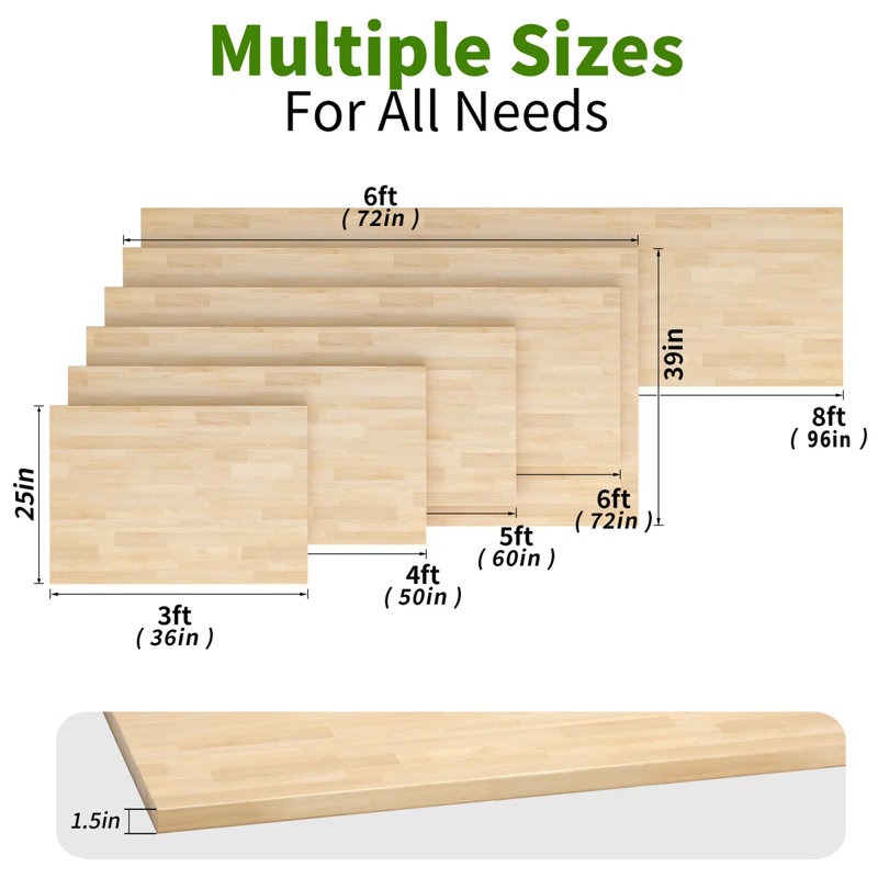 Solid Birch Wood Butcher Block Countertop, Unfinished DIY Size Long Wooden Board for Kitchen Island Table Top Washer Dryer Workbench, 3ft, 4ft, 5ft, 6ft, 8ft