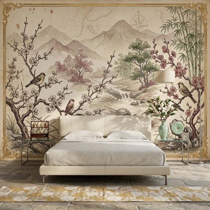 Papier peint paysage asiatique fleurs de cerisier en parchemin, Peler et coller, 200 po x 120 po