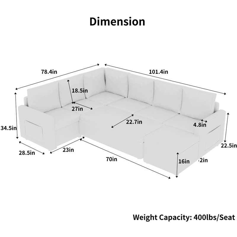 Canapé-lit modulaire en U de qualité supérieure avec lit escamotable, Lin blanc
