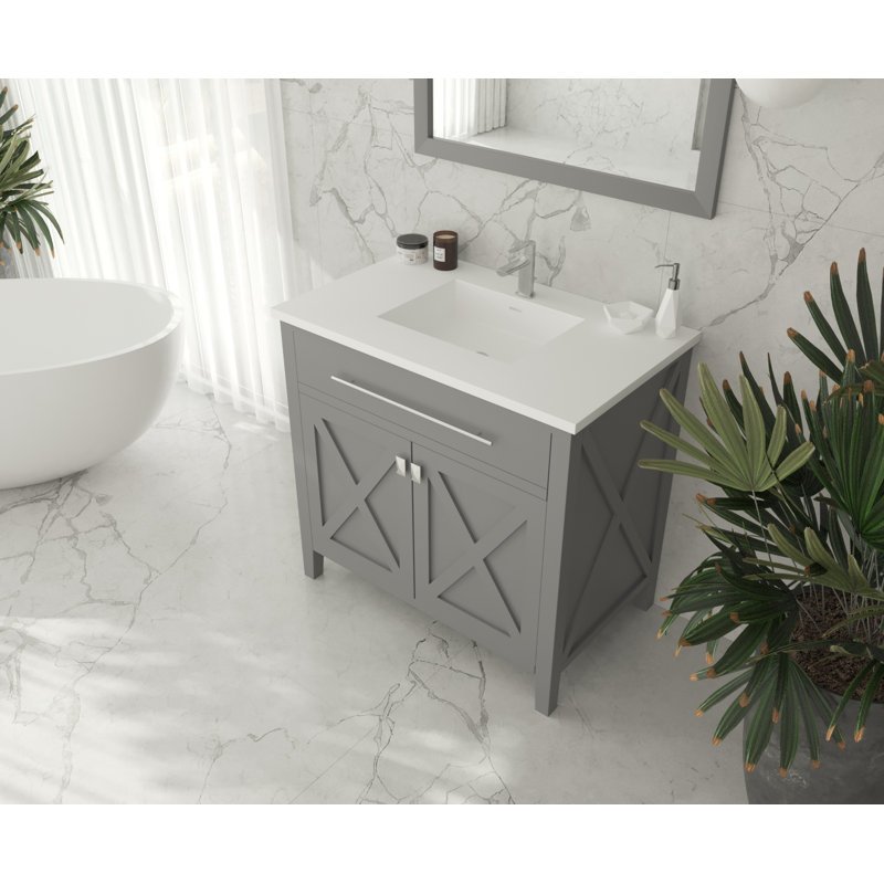 Pyles 36'' Single Bathroom Vanity with Solid Surface Top, Gray, Matte White