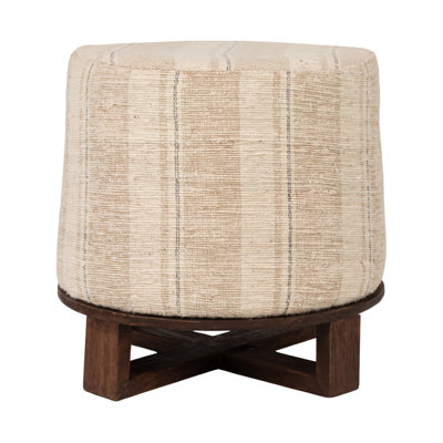 Taos Cotton Woven Round Ottoman Stool In Striped Upholstery With Dark Wood Base by Rowena Interiors
