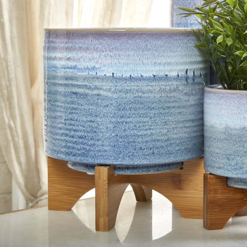 Modern Textured Ceramic Planter with Stand Indoor Outdoor, Striped Blue, 9" H x 8" W x 8" D