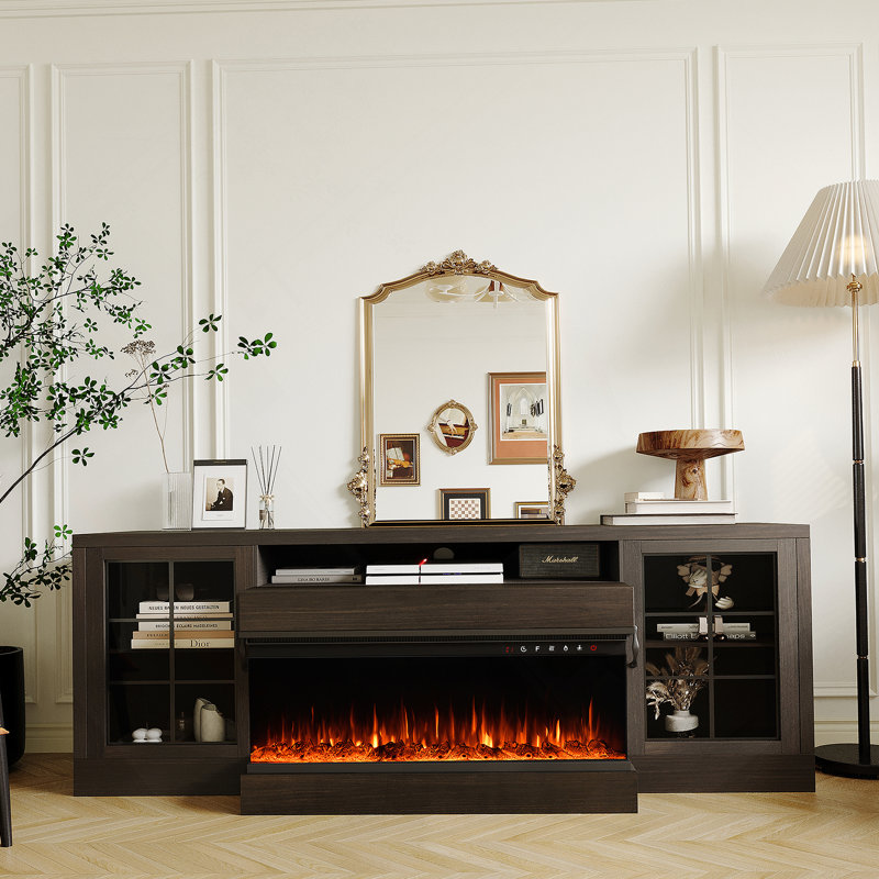 Meuble télé à 3 côtés avec foyer électrique pour téléviseur de 75 po ou moins, meuble télé avec meuble de rangement à porte vitrée, grands meubles télé de 60 po avec foyer de 30 po, brun