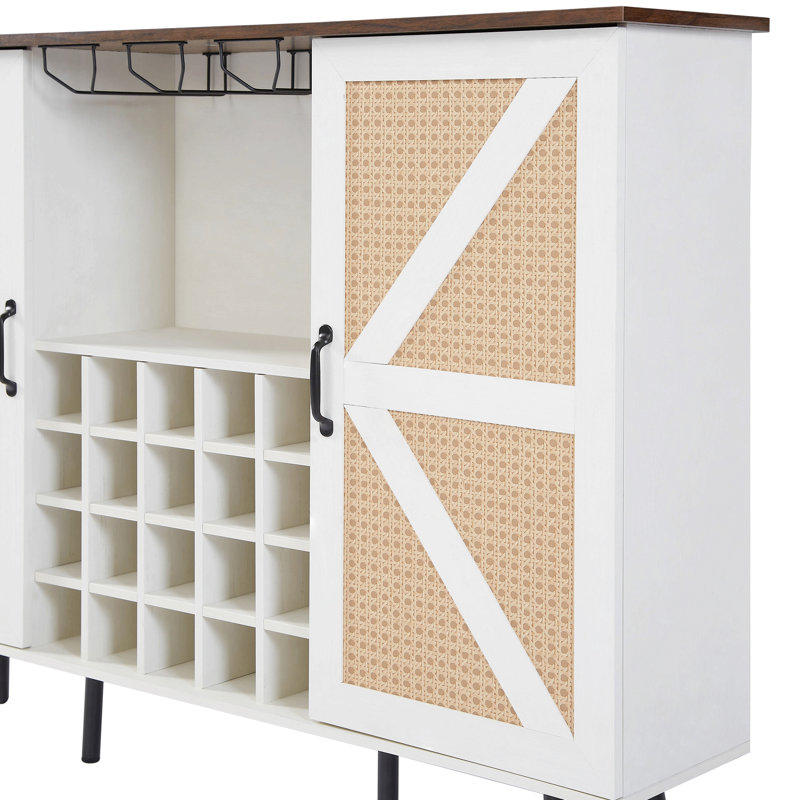 Armoire à vin de porte de grange avec porte-bouteilles et porte-verres à vin, Blanc/noyer