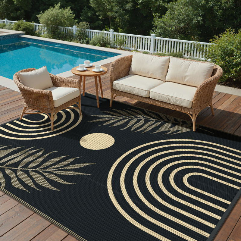 Tapis intérieur / extérieur réversible Shimeek, tapis extérieur en plastique imperméable, Noir / Beige