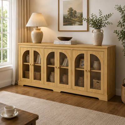 68" Sideboard Cabinet with 6 Arched Glass Doors, Large Buffet Credenza with 3 Adjustable Shelves and Display Storage, Natural Oak