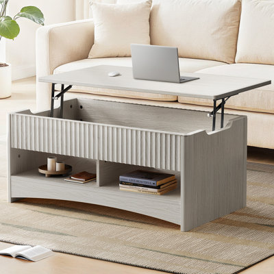 Table basse à plateau relevable moderne avec rangement dissimulé et tablettes ouvertes