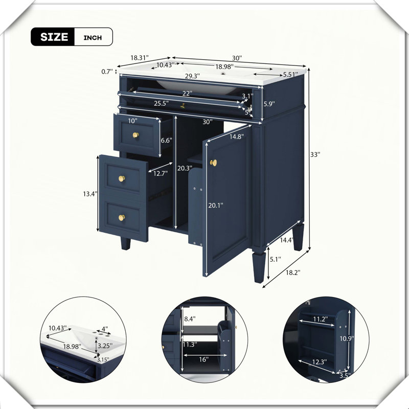 Meuble-lavabo simple moderne avec tiroirs de lavabo supérieurs, Marine
