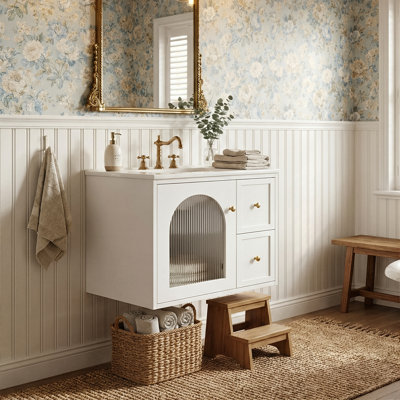 24" Modern Floating Bathroom Vanity With Arched Glass Door, Wall-Mounted Cabinet With Ceramic Sink & 2 Drawers (White / Black / Beige)