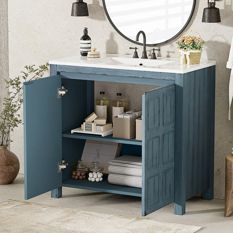 Bathroom Vanity With Ceramic Sink, 2 Door Bathroom Storage Cabinet, Retro Blue