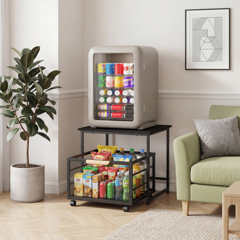 Mini support de réfrigérateur avec rangement, mini armoire de réfrigérateur avec roues et pieds réglables, structure en métal robuste, pour le salon, la chambre à coucher, le bureau