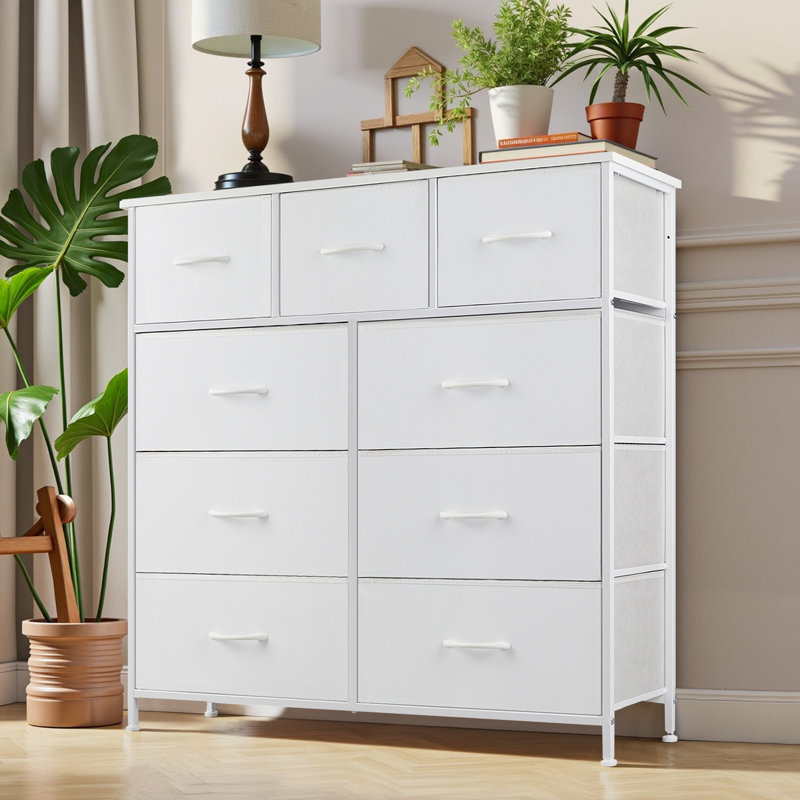 9 Dresser, Chest of Drawers with Wide 39.4'', Easy-Pull Fabric & Wood Dressers with Top, White