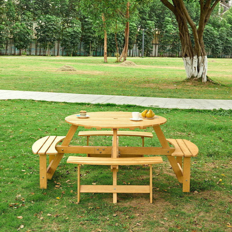 Table de pique-nique pour 8 personnes Natural Outdoor Table de pique-nique ronde pour 8 personnes avec 4 bancs intégrés et ensemble de banc pour parasol