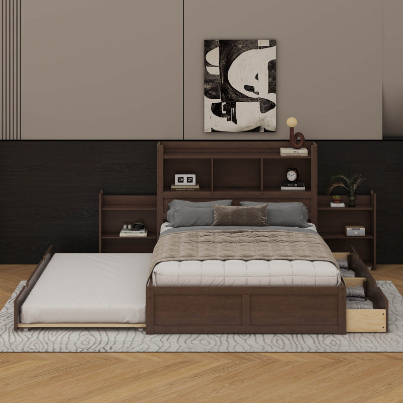 Lit plateforme pleine grandeur avec tablettes coulissantes, lit gigogne simple et 2 tiroirs, Espresso