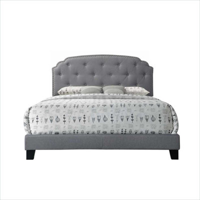 Upholstered Bed Frame for Bedroom Use Gray-Toned Fabric Queen Size with Tufted Arched Headboard
