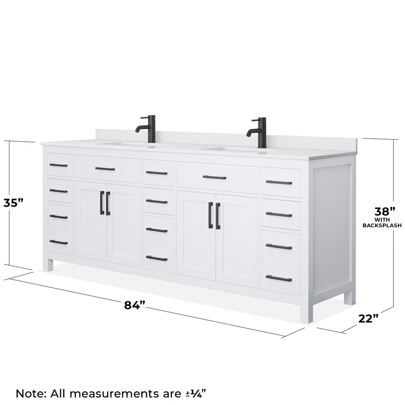 Beckett 84" Freestanding Double Bathroom Vanity with Cultured Marble Top, Matte Black, White, White Cultured Marble