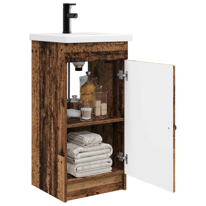 Single Bathroom Vanity with Ceramic Basin, Old Wood