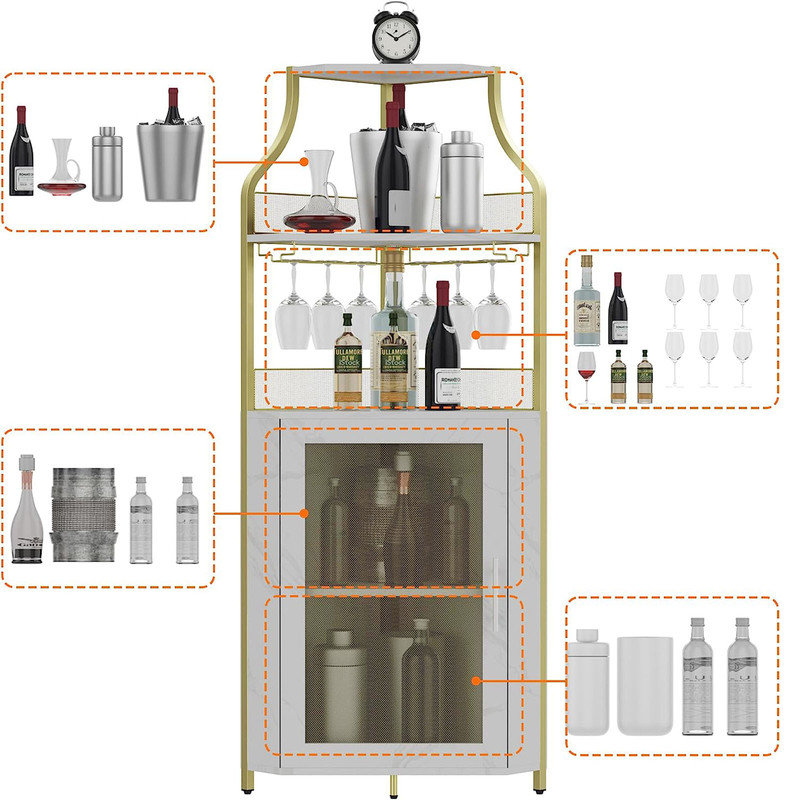 Calim Corner Wine Bar Cabinet With Detachable Wine Rack, Bar Cabinet With Glass Holder, Small Sideboard And Buffet Cabinet With Mesh Door (Gold)
