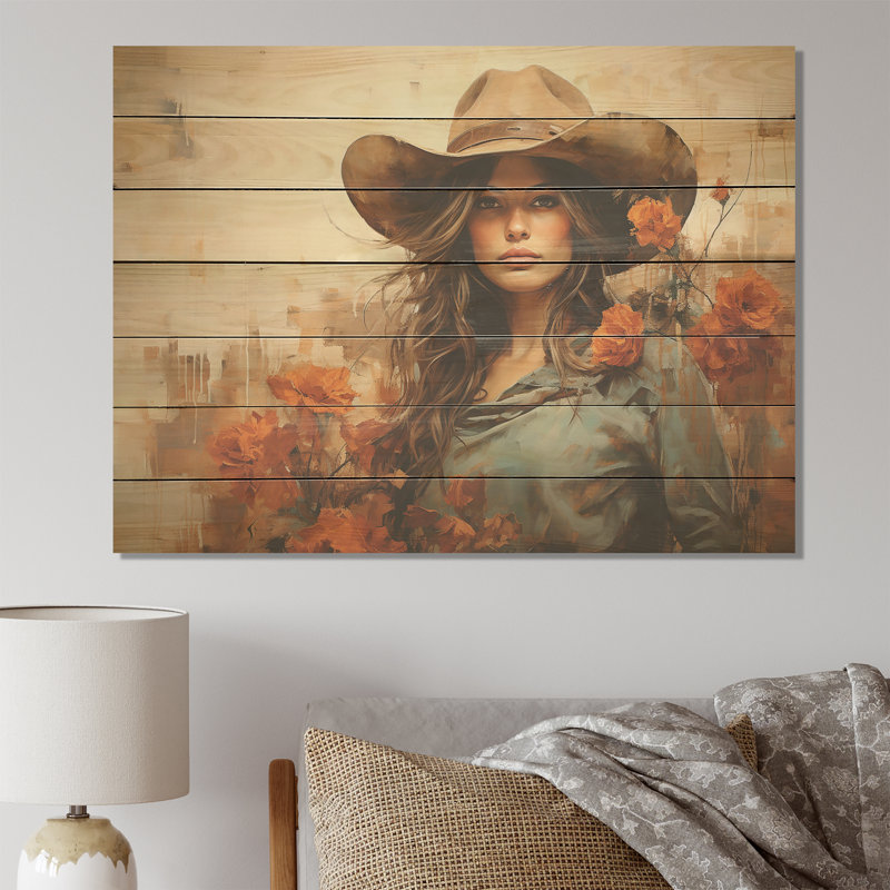 «Western West Floral Wild Cow Gril» - Western sur impression sur bois, H 30 po x l 40 po x P 0,78 po