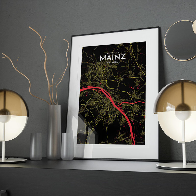 Mainz City Map In Contrast - No Frame Print, 17cm H x 11cm W x 0.05cm D