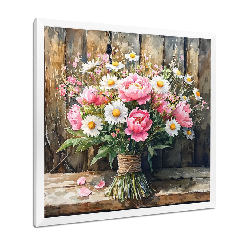 «Rustic Romance Wildflowers Bouquet I», art mural de bouquets assortis pour le salon, H 36 po x l 36 po, Blanc