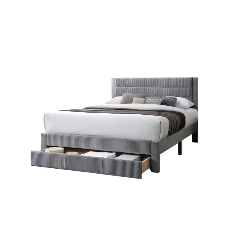 Daisy Full Bed W Drawer, Light Gray Corduroy Upholstery, Foam Headboard, Light Gray
