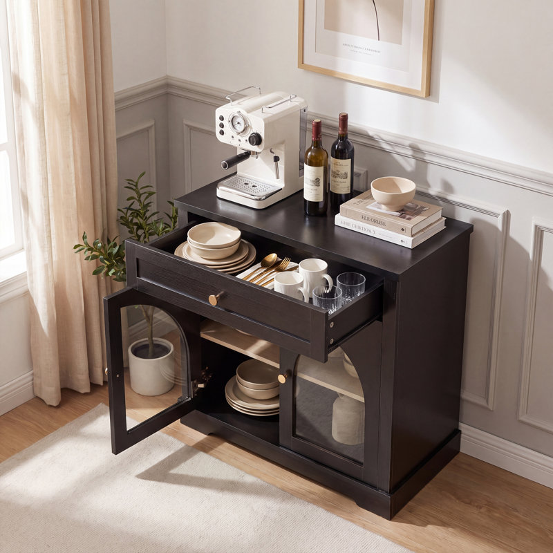 Meuble de rangement d'appoint avec 2 portes vitrées cintrées et 1 tiroir, Noir