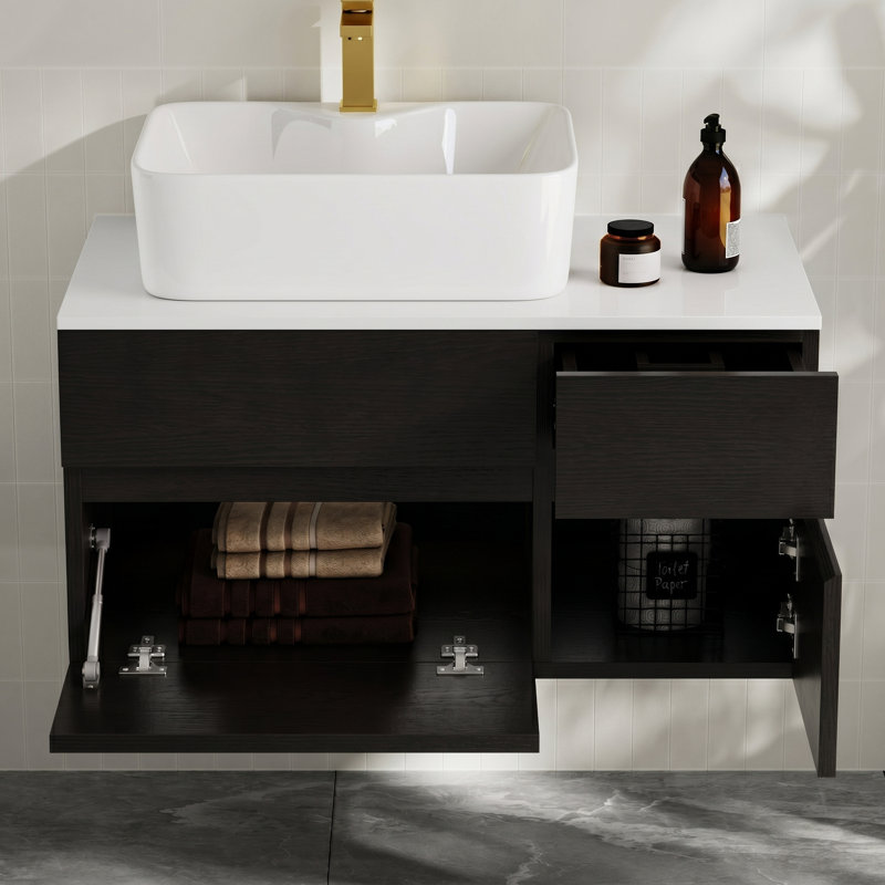 32" Modern Floating Bathroom Vanity with Sintered Stone Top and Ceramic Vessel Sink