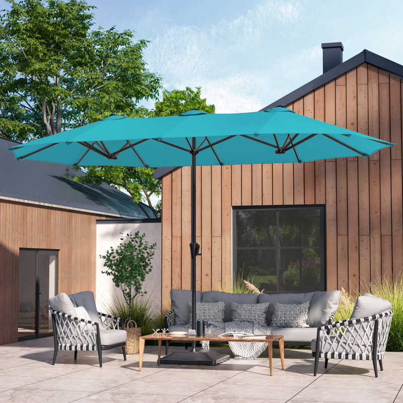Parasol de patio double face 13 x 7,2 pi, très grand parasol d'extérieur avec manivelle, Bleu lac