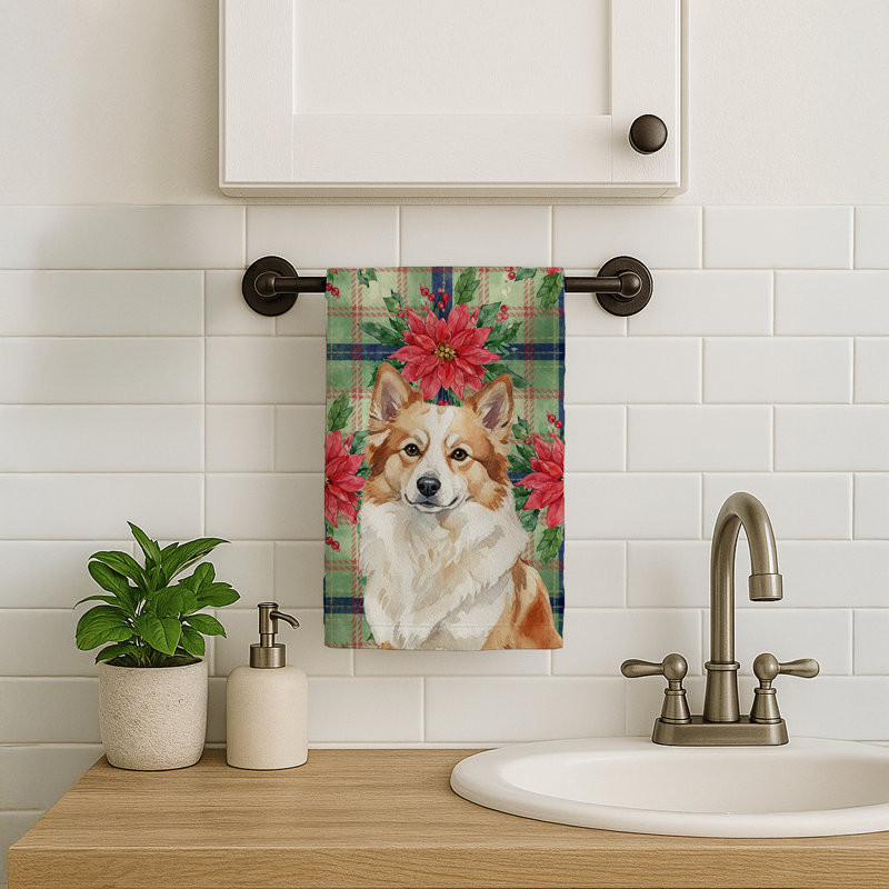 Tan Icelandic Sheepdog Christmas PoinsettIas Kitchen Towel, Tan Icelandic Sheepdog